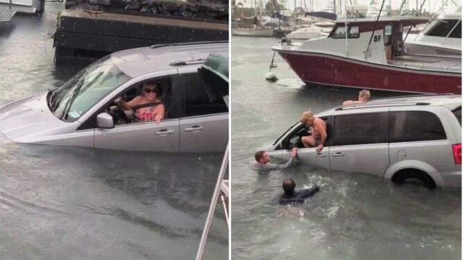 To Dodge Caravan μπήκε στο νερό σαν να ήταν βάρκα και η οδηγός του συνέχισε ατάραχη αντί να φρενάρει αμέσως
